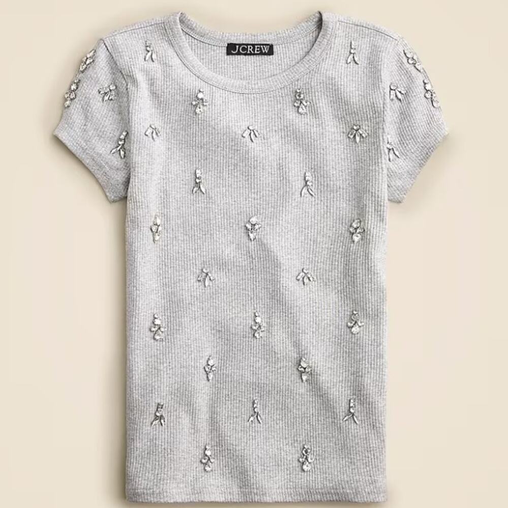 J.Crew Embellished Vintage Rib Shrunken T-Shirt WMNS 2XS Heather Gray Crew Neck